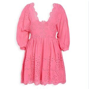 FREE PEOPLE Bubblegum Pink Eyelet Long Sleeve Cotton Mini Dress Medium